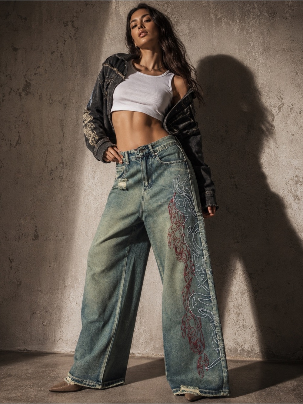 Laded London Handmade Wide Leg Jeans Small Tribal Embroidered NWT
